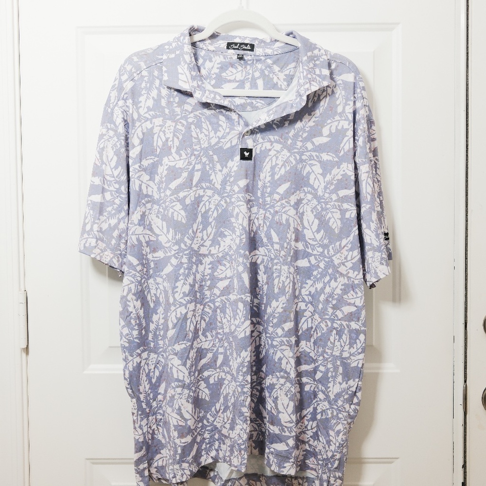 Bad Birdie Polo Shirt Mens 2XL Blue Purple Palm Tree Leaves Performance Golf